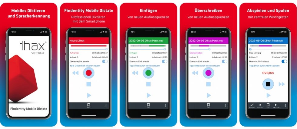 Findentity Mobile Dictate App Screens von iOS