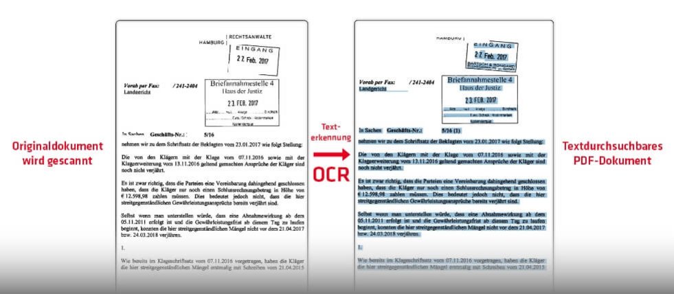 Abbildung von 2 Dokumenten, links das Original und rechts mit OCR verarbeitet