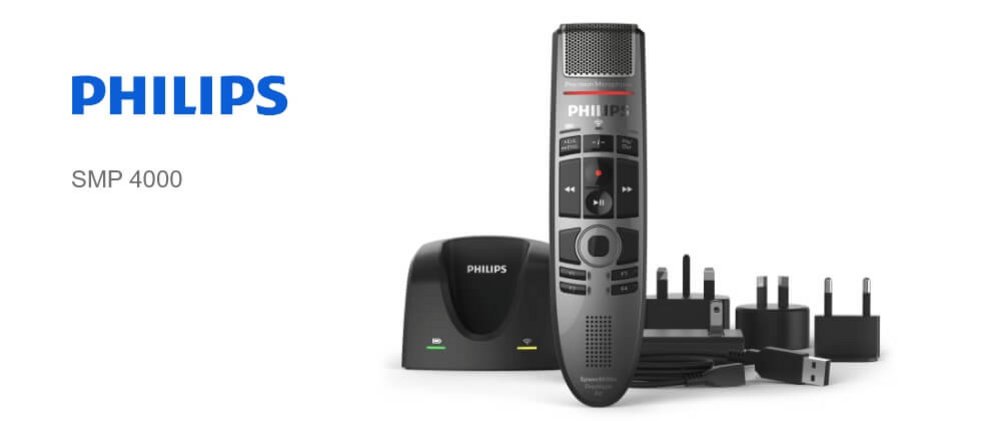 Abbildung Philips SpeechMike Premium SMP 4000 Set mit Basisstation und Steckern