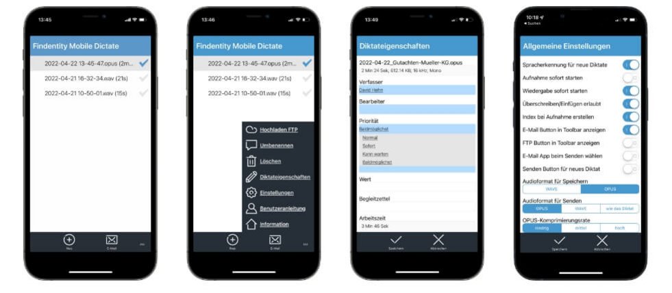 Übersicht der Findentity Mobile Dictate App Screens 2
