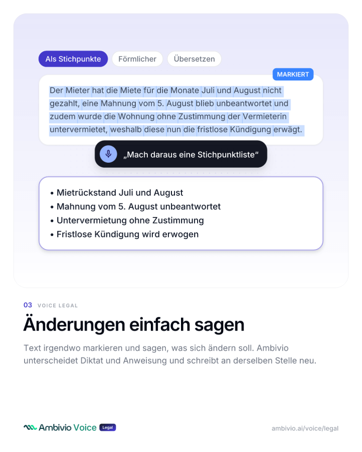 Markierter Absatz wird per Sprachbefehl als Stichpunkte, förmlicher oder übersetzt neu geschrieben