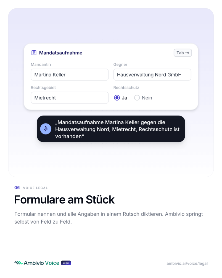 Formular Mandatsaufnahme wird per Sprache Feld für Feld ausgefüllt