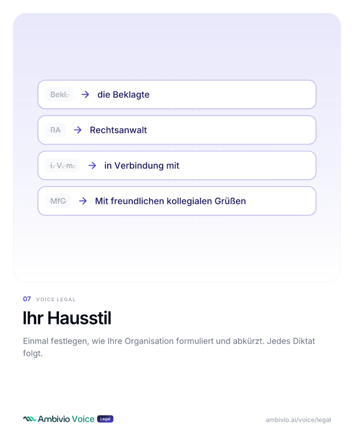 Hausstil legt fest, wie Abkürzungen wie Bekl., RA, i. V. m. und MfG im Text stehen
