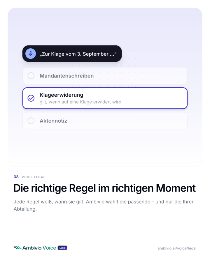 Regeln greifen je nach Textart, etwa Mandantenschreiben, Klageerwiderung oder Aktennotiz