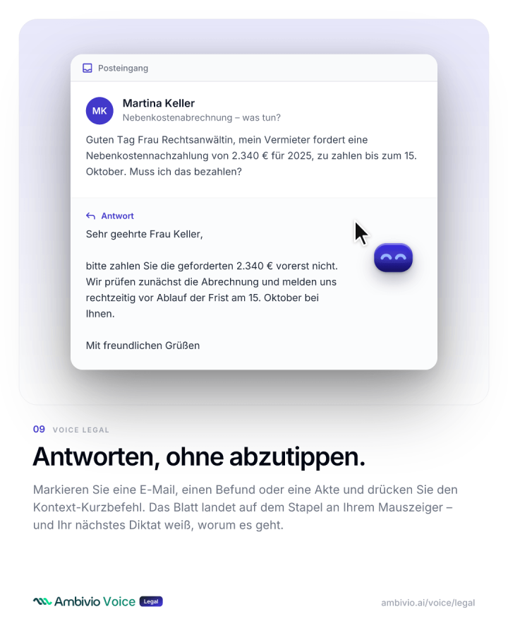 Kontext-Funktion erzeugt aus Stichworten die Antwort auf eine markierte Mandanten-E-Mail