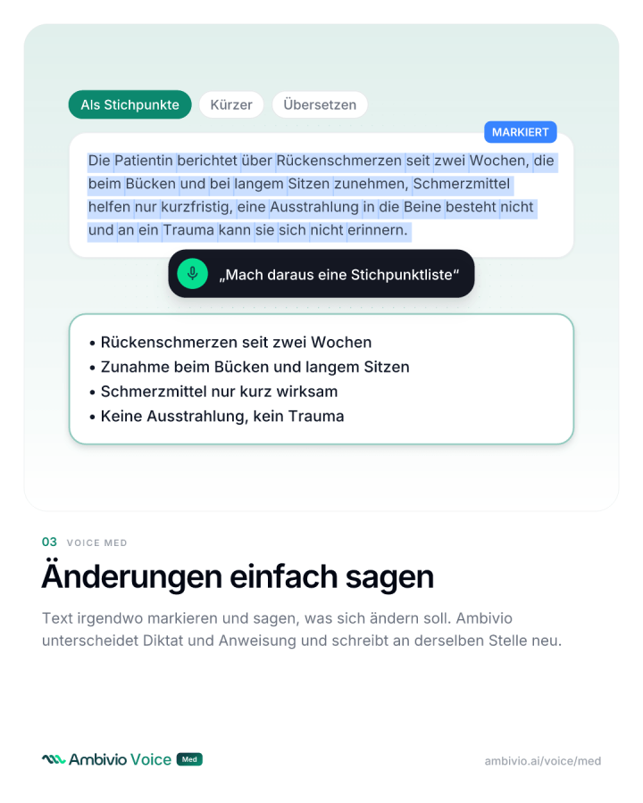 Markierter Text wird per Sprachbefehl als Stichpunkte, kürzer oder übersetzt neu geschrieben