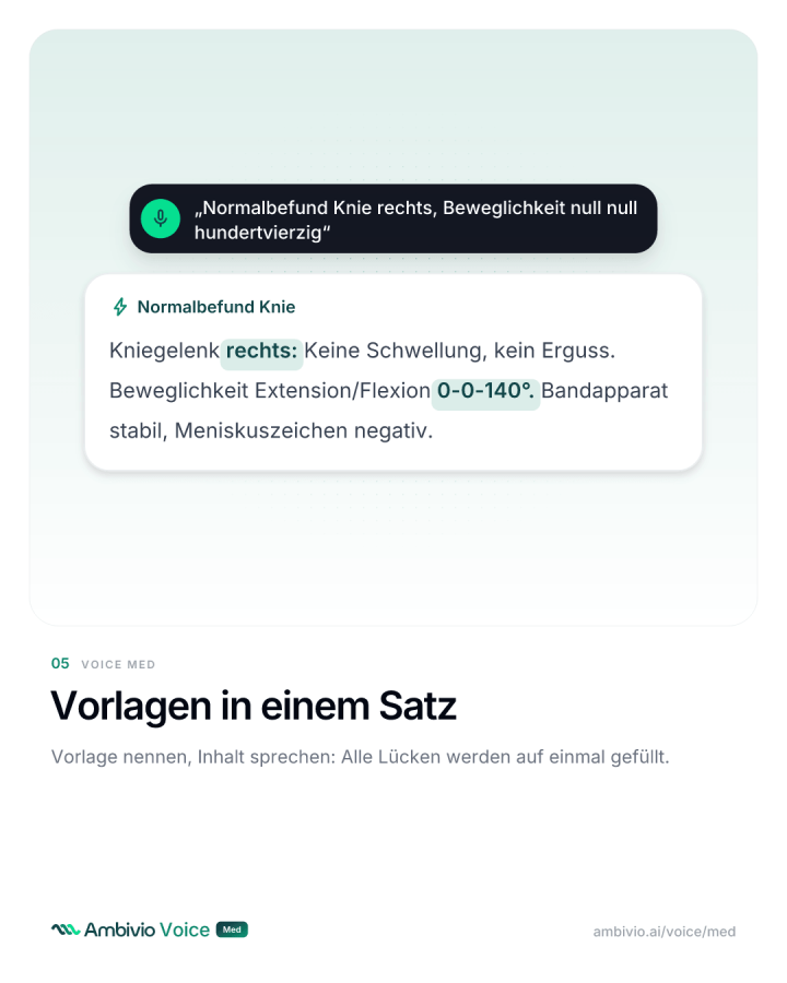 Vorlage Normalbefund Knie wird per Sprachbefehl in einem Satz gefüllt