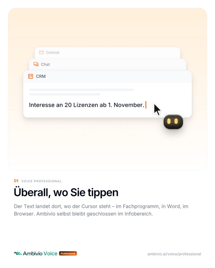 Ambivio Voice Professional fügt diktierten Text an der Cursorposition in Outlook, Chat und CRM ein