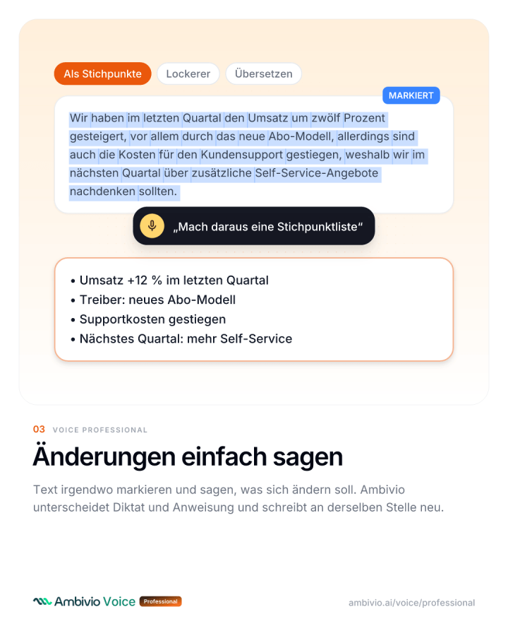 Markierter Absatz wird per Sprachbefehl in eine Stichpunktliste umgewandelt