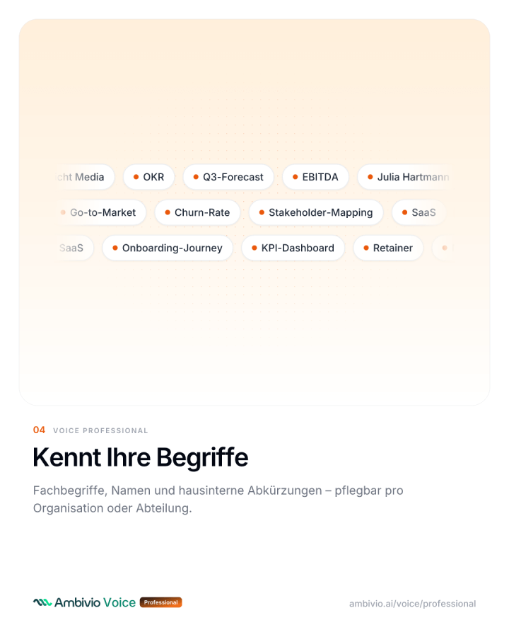 Fachbegriffe, Namen und Abkürzungen im Wörterbuch pro Organisation oder Abteilung