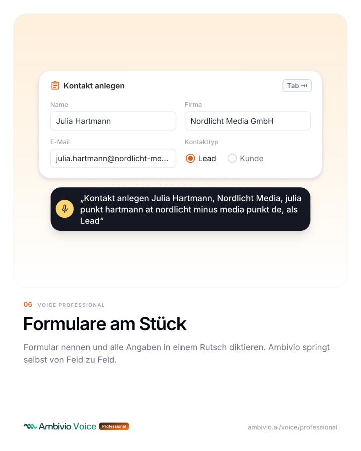 Formular Kontakt anlegen wird per Sprache Feld für Feld ausgefüllt
