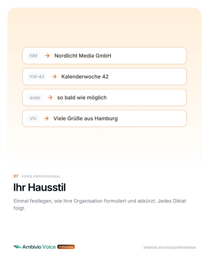 Hausstil legt fest, wie Abkürzungen wie NM, KW 42, asap und VG im Text stehen
