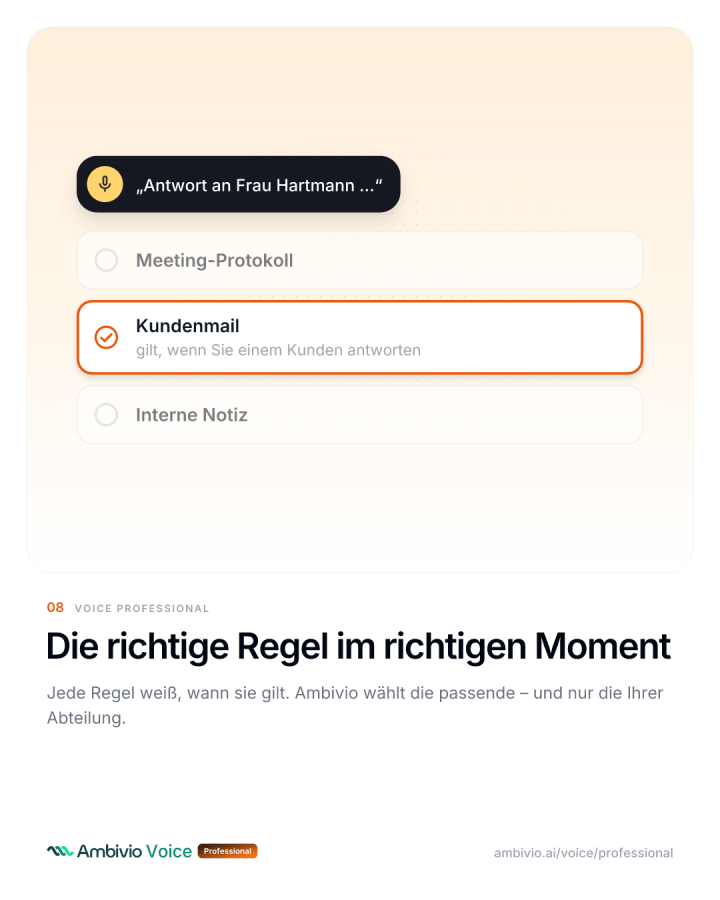 Regeln greifen je nach Textart, etwa Meeting-Protokoll, Kundenmail oder interne Notiz