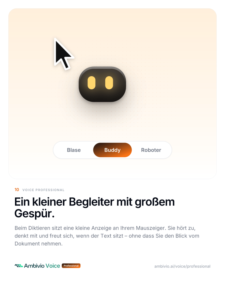 Diktat-Anzeige am Mauszeiger, wählbar als Blase, Buddy oder Roboter
